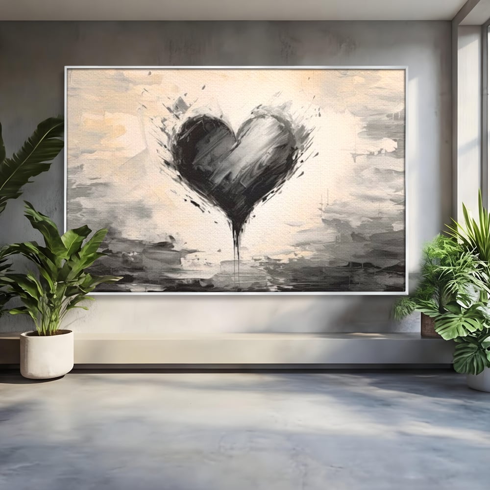 Tablou canvas cu tablou abstract cu inima neagra, in rama de aluminiu argintiu